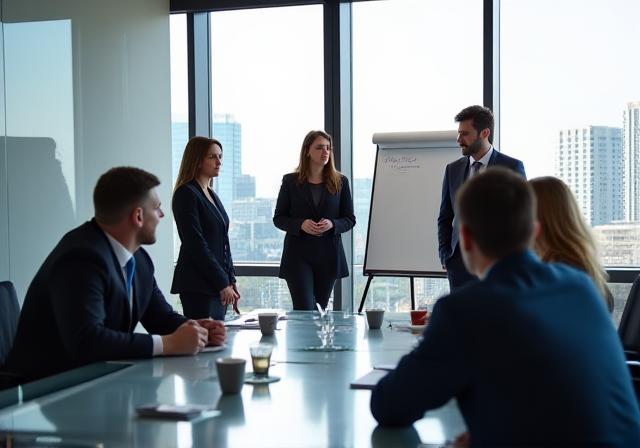 Modern executive leadership meeting in a bright Bristol office